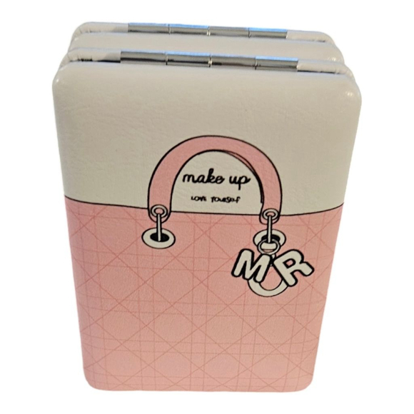 Leather Makeup Love Yourself  Compact Makeup Mirror Pink White - Picture 2 of 4